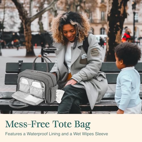 WELAVILA Large Convertible Baby Bag - Dark Grey Diaper Tote with Changing Pad & Insulated Pockets