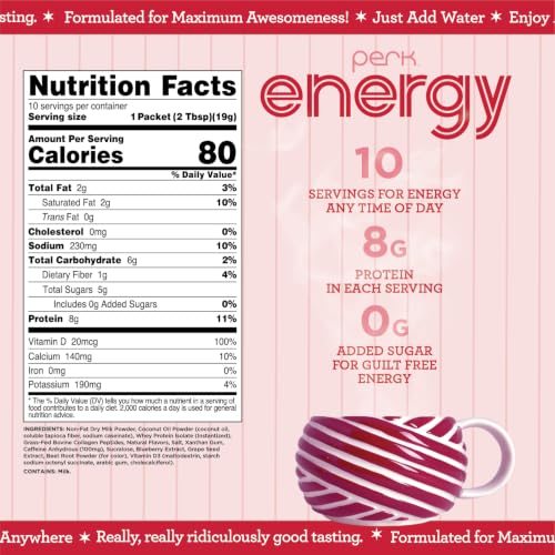 Image of Perk Energy Drink Mix (White Chocolate Peppermint Pretzel) 10 Stick Packs | Caffeinated Healthy Coffee Alternative with Protein, 100mg of Caffeine, Gluten-Free, Soy-Free, Peanut-Free