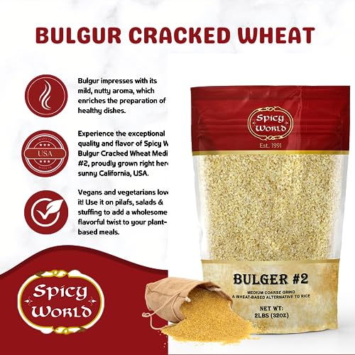 Bulgur Cracked Wheat Medium Coarse #2, 2 LB Bag (32oz) | USA Grown Bulgar Wheat for Tabouleh | 100% Natural & Pure | Great for Vegan Recipes by Spicy World - Thumbnail 2