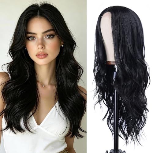 Aida ble Long Wavy Black Wig for Women 26inch Middle Part Synthetic Wig