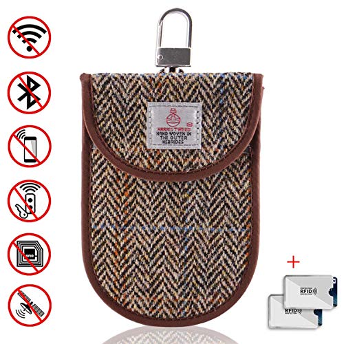 Monojoy Faraday - Bolsa para Llaves de Coche sin Llave, para Bloqueo de señal, Harris Tweed Surface RFID Bloqueo de señal de radiofrecuencia, Jaula para Bolsa de Faraday (marrón)