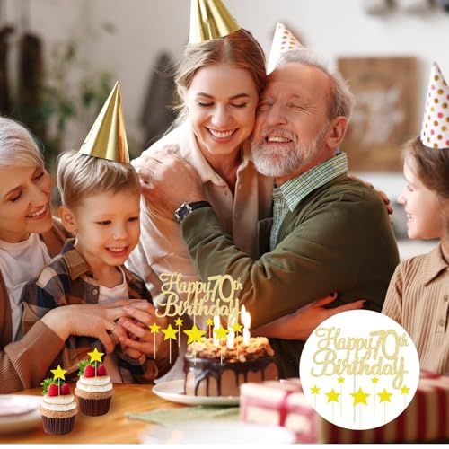 8 Pcs Gold Happy 70th Birthday Cake Topper - 1 Topper & 7 Star Cupcake Toppers, Glitter 70th Cake Topper for Anniversary Party Supplies - Image 5