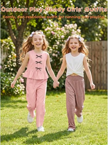 Image of Girls' Clothing Sets Sleeveless Bow Crop Top Wide Leg Linen Pants 2026 Summer Outfits Cute Kids Clothes