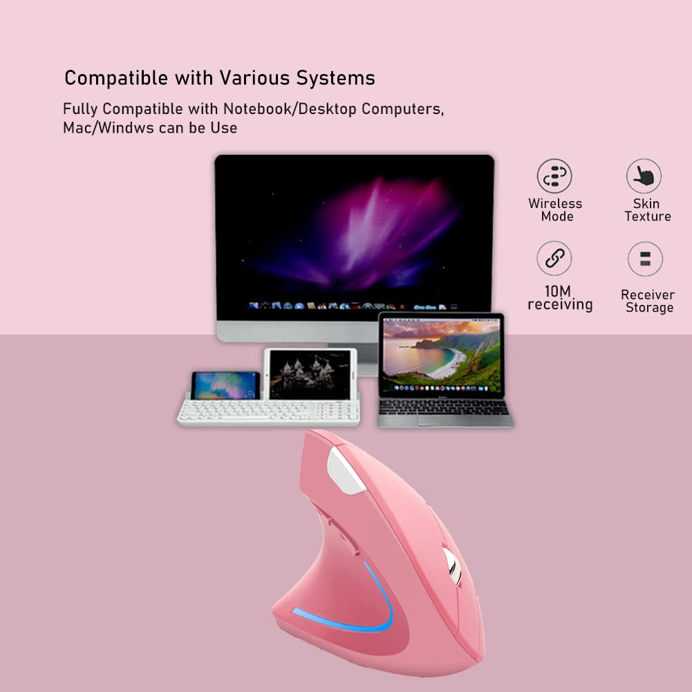 Mysz bezprzewodowa ergonomiczna mysz pionowa Ergo LED Light wysoka precyzja optyczna bezprzewodowa lekka mysz do gier do komputera komputera laptopa Mac komputera stacjonarnego biura, z bocznymi przyciskami, 800/1200/1600 DPI