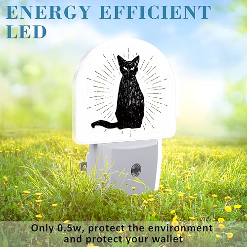 Image of Hand Drawn Black Cat Night Light Plug into Wall with Dusk to Dawn Sensor Cute Nightlight for Kid Girls Boys Women Men Room Decor, Hallway, Kitchen, Bathroom, Nursery, Stairs