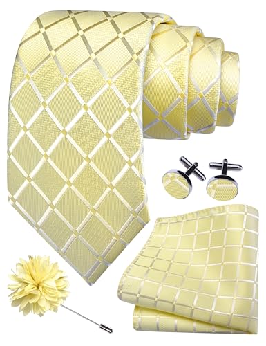 Image of GUSLESON 3.15 inch（8cm） Mens Tie and Lapel Pin Plaid Checkered Necktie Hankerchief Cufflinks Set for Men