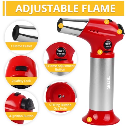 Image of TBTEEK Butane Torch T901, Kitchen Torch Cooking Torch with Safety Lock & Adjustable Flame for Cooking, BBQ, Baking, Brulee, Creme, DIY Soldering(Butane Not Included), Red