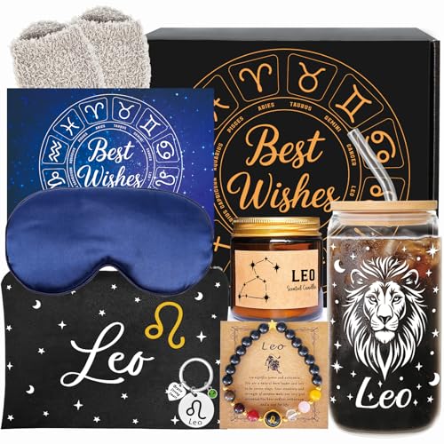 Leo Birthday Gifts for Women - Zodiac Glass Cup Gift Set for Her - Astrology Basket for Mom Sister - Constellation Box for Friend - Thank You Basket for Boss Lady Coworker