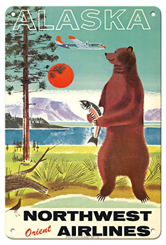 Pacifica Island Art Alaska - Northwest Orient Airlines - Kodiak Alaskan Brown Grizzly Bear - Vintage Airline Travel Poster c.1960s - 8in x 12in Vintage Metal Tin Sign
