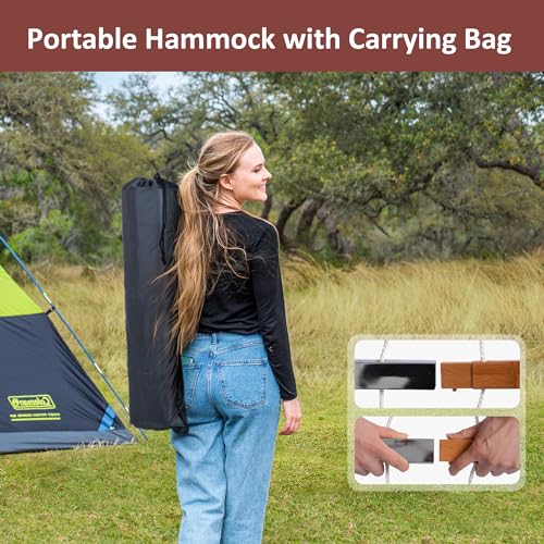 Image of SUNCREAT Hammocks Portable Hammock with 12 ft Stand Included, Double Hammock with Curved Spreader Bar, Red Stripes