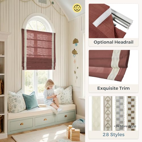 Image of TWOPAGES Liz No Drill Cordless Roman Shades Linen Textured Roman Blinds for Windows, Custom Made Room Darkening Blackout Roman Window Shades, Hardware Included, FireBrick, 1 Piece