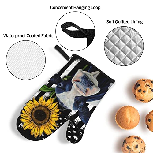 Sunflower Cow American Flag Oven Mitts And Pot Holders Sets 4 Pcs Heat Resistant Pads Non-Slip Bbq Gloves For Kitchen,Cooking,Baking,Grilling #TOP4