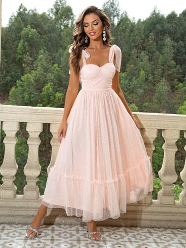 Image of SISKIN Summer Cocktail Dresses for Women Tie Shoulder Semi Formal Dresses Hem Mesh Birthday Wedding Guest Dress