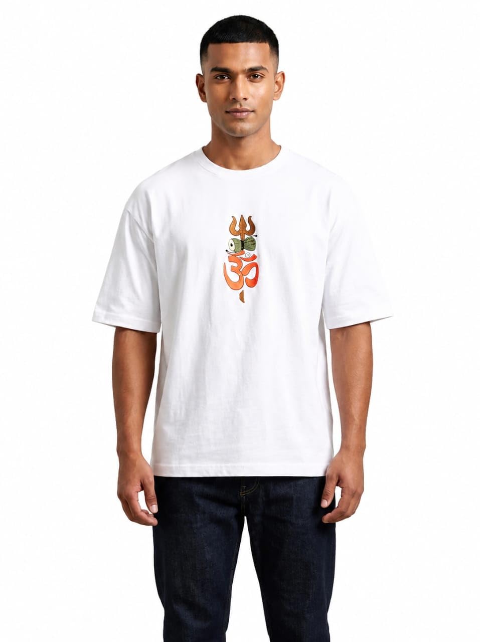 Om Trishul Damru Graphic Oversized T-Shirt, Cotton, Drop Shoulder, Spiritual Streetwear