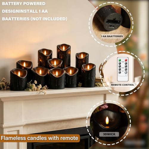 Image of Nimiko Flameless Candles with Remote, Battery Operated Flickering Flameless Candles, LED Candles with Timer 2 /4 /6 /8H, Realistic Drop Wax flameless Candle Set of 9 (D3 x H 3 inch 4 inch 5 inch 6 inch 7 inch) (Black)