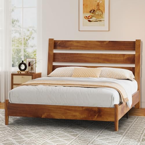 LUXOAK Massivholzbett 160x200 cm mit geneigtem Latten-Kopfteil, Mid-Century Design, stabile Holzlatten, kein Boxspring nötig, geräuschfrei –...