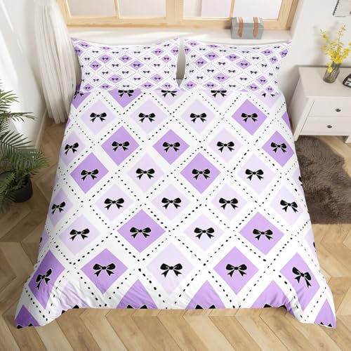Erosebridal Purple Bow Bedding Set Toddler, Kawaii Bowknot Duvet Cover for Kids Girls Bow Tie Bed Set, Lovely Butterfly Knot Romance Diamond Bed Cover with 1 Pillow Case (No Comforter)