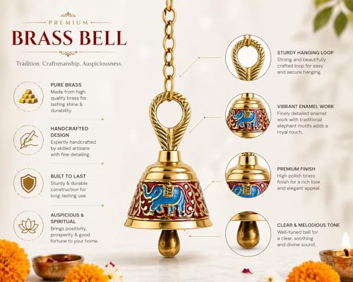 Image of Brass Pooja Hanging Bell with Chain (Red, Single Piece) | Decorative Mandir Ghanti for Door Wall | Handcrafted Temple Bell for Home Decor, Vastu & Spiritual Use