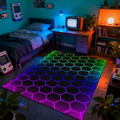 Xisnuient Alfombra Habitación Juventud Adolescente Niño Gamer 3D con Ilusión Óptica, Alfombra Antideslizante Neón de Poliéster Suave para Sala de Juegos Dormitorio Salón, 100x150 cm, Color 4