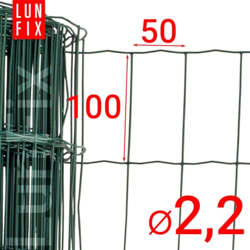 Maschendrahtzaun - verzinkter Stahl Grün PVC-beschichtet, 100 x 50 mm, Ø 2.2 mm, 100 cm x 10 m, Gartenzaun Hundezaun Wildzaun Hühnerzaun Drahtgitter Zaun Schweißgitter, Lun Fix