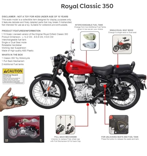 Image of Barodian's Royal Style Enfield Classic Toy Diecast Model Motorcycle with Interchangeable Fuel Tanks, Build Kit, Red and Black Pull Back Action, Detailed Miniature Replica for Collectors and Enthusiasts Classic 350 Bullet Bike DIY Motorcycle [ Multicolor ]