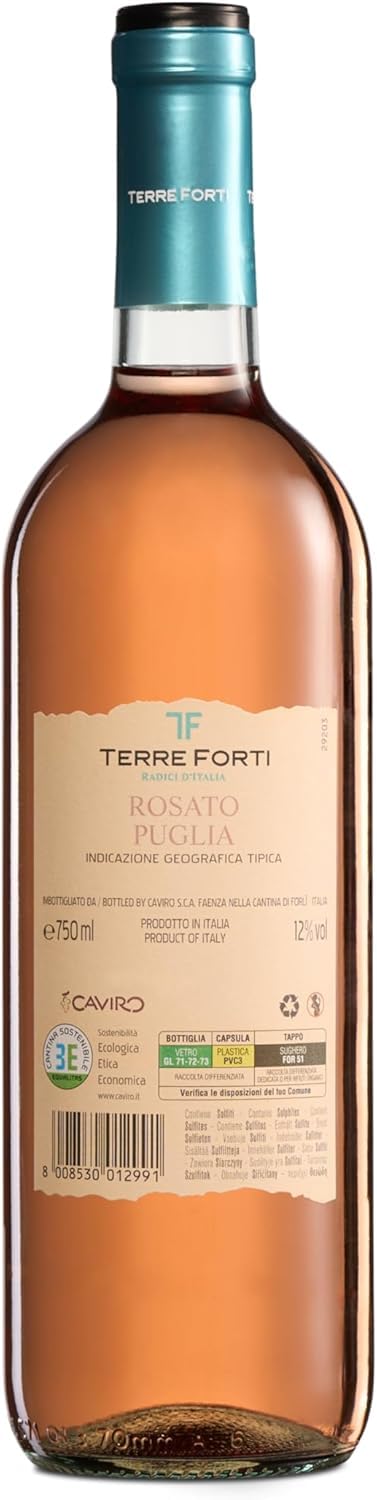Terre Forti Rosato Puglia IGT, Italienischer Rosé mit Kirsch- und Erdbeernoten, 12% Vol., Karton mit 6 Flaschen mit jeweils 750 ml