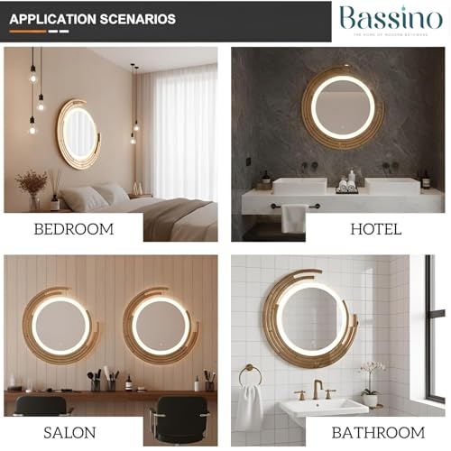Image of BASSINO 3D Bathroom Mirror with LED Lights /Sensor Touch /3 Adjustable Colors /Dimmable Light /Vanity Mirrors /Round Washbasin Mirror with LED Lights /Smart Mirror for Bathroom Wall(Rose-Gold)