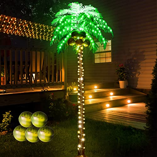 Ledido 7FT Lighted Palm Trees for Outside Patio, 179LED Palm Tree Outdoor with 5 Coconuts Bendable...