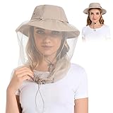 Mosquito Head Net Hat - Bug Cap UPF 50+ Sun Protection with Hidden Netting for Beekeeping Hiking Men & Women Khaki