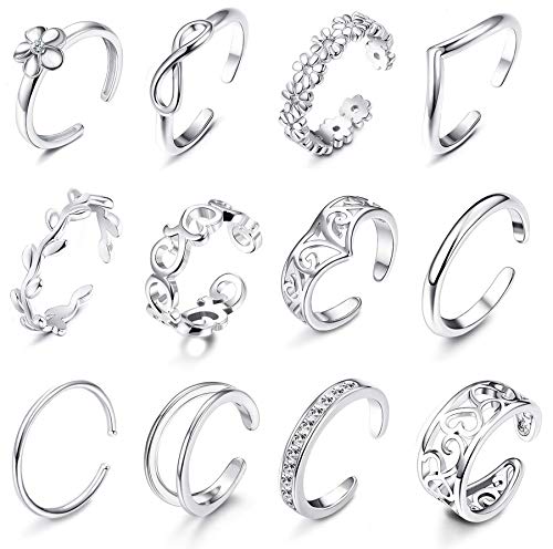 Subiceto 12 PCS Open Toe Rings for Women Various Types Hollow Flower CZ