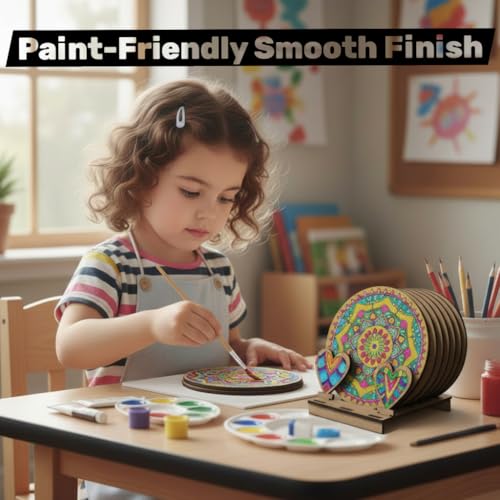 Image of BAGJI TOYS DIY Coaster Painting Kit for Kids & Adults - 6 Pre-Marked Wooden Tea Coasters with Stand, 12 Acrylic Colours & Brush - Mandala Art & Craft DIY Set - Beginner Friendly Painting Craft Kit, Birthday & Gift Activity (MandalaA3)