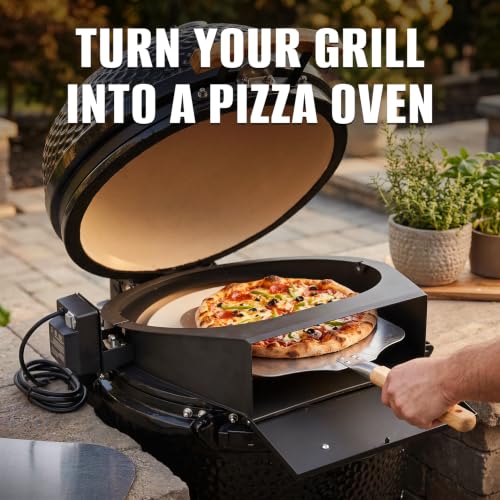 Foto von Onlyfire 6065 PizzaRing Kit mit Drehspieß, Pizzaeinsatz und Rotisserie Grillspieß für Kamado Joe Classic/Pit Boss 22 Keramik-Grills, inkl. Drehmotor, Spuckstange und Pizzastein