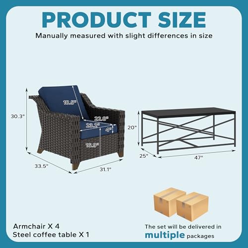 Image of 5 Pieces Outdoor Conversation Furniture Set - 4 PE Rattan Armchairs, 1 Metal Coffee Table, Patio Wicker Furniture Set with Water-Resistant Cushions for Swimming Pool, Sunroom (Navy Blue) | Patio Chair Set with Olefin Removable Cushion, All-Weather Armchair Set with Deep Seat for Porch, Deck and Backyard, Blue