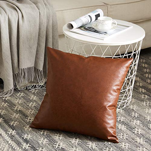 Image of Fancy Homi Faux Leather Boho Decorative Throw Pillow Covers, Thick Modern Solid Square Cushion Case Set for Couch Sofa Bedroom Car Living Room (20x20 Inch /50x50 cm, Cognac Brown) (20 inchx20 inch, Brown),