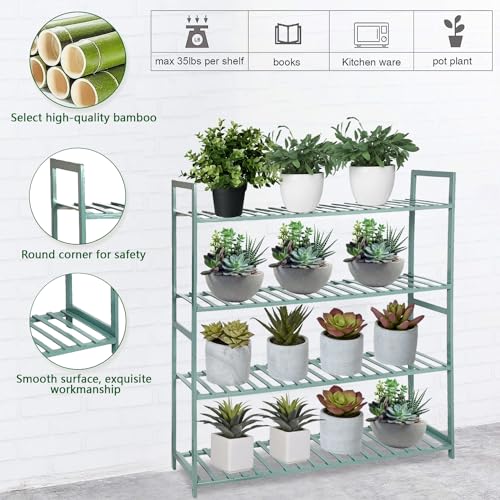 Image of Naayaab Craft Bamboo 4 Tier Plant Shelf Rack, Multi Functional Flower Pot Organizer, Plant Display Stand for Balcony, Living Room & Garden - (Green, 100 x 25 x 100cm)