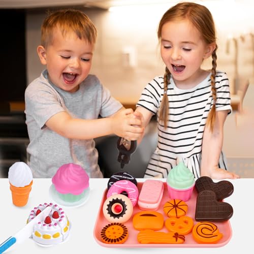 Kinderküche Dessert Set Spielzeug Küchenzubehör Lebensmittel mit Dessertplatte, Lernspielzeug Teeparty Geschenk für Kinder ab 3 Jahren