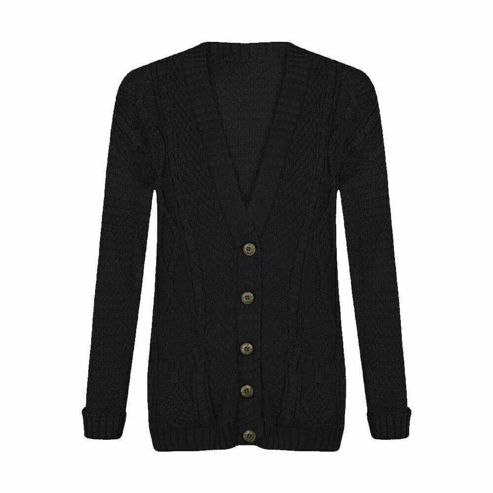 LUXFABWomens Long Sleeve Button Top Cardigan Chunky Aran Cable Knit Grandad Style Sweater Everyday Casual Warm Knitted Ladies Cardigan UK Sizes 8-26