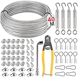 Philtool 74Pcs Drahtseil Kit, 40M Drahtseil 3mm, 304 Edelstahl Stahlseil mit Ösen, Edelstahlseil Stahldrahtseil Drahtkabel Kabelseil Stahlkabel für Wäscheleine, Zäune, Außenleuchten, Gardinenseil