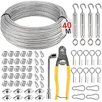 Philtool 74Pcs Drahtseil Kit, 40M Drahtseil 3mm, 304 Edelstahl Stahlseil mit Ösen, Edelstahlseil Stahldrahtseil Drahtkabel Kabelseil Stahlkabel für Wäscheleine, Zäune, Außenleuchten, Gardinenseil