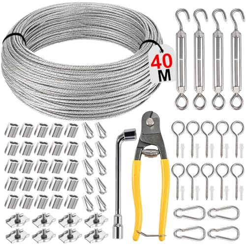 Philtool 74Pcs Drahtseil Kit 40M Drahtseil 3mm 304 Edelstahl Stahlseil mit Ösen Edelstahlseil Stahldrahtseil Drahtkabel Kabelseil Stahlkabel für Wäscheleine Zäune Außenleuchten Gardinenseil