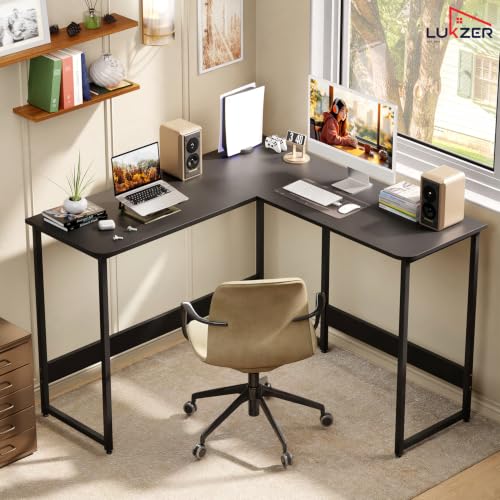 Image of Lukzer L-Shaped Study Table for Home or Office (MST-007 /Black & Black) Metal & Engineered Wood Corner Computer Desk, Laptop & Gaming Station for Students and WFH (110 x 110 x 75 cm) Easy DIY Assembly