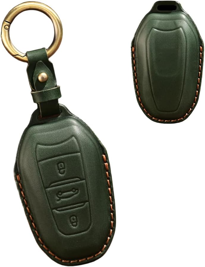 HIBEYO Leather Key Fob Cover for Peugeot 308 408 508 2008 3008 4008 5008 for Citroen C4 C6 C3-XR Key Accessories with Keychains 3 Button Car Key Case Cover Protector-Green