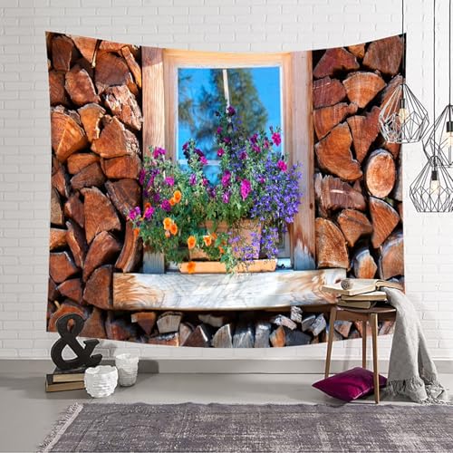 Tapiz colgante de pared con paisaje de madera y flores para dar un toque natural al salón 4