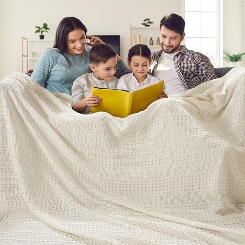 Image of PHF 100% Cotton Waffle Blanket Oversized King 120 inchx120 inch, Lightweight Breathable Extra Large 10'x10' Blankets for Bed, Giant Big Luxury Aesthetic Woven Bedding for Home Decor, Ivory