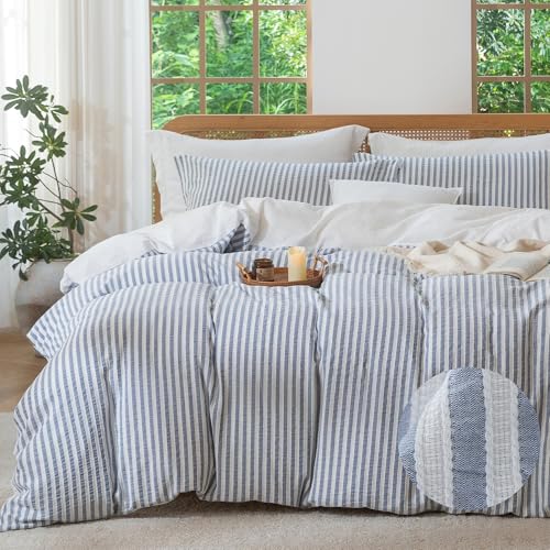 MILDLY Blue Striped Duvet Cover - 100% Washed Cotton Jacquard Boho Textured Comforter Cover 3pcs with Zipper Closure 90