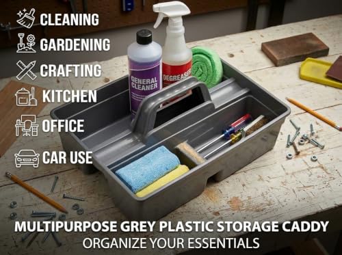 Image of AIR O MATIC Handy Caddy Tool Bucket (Grey) Multipurpose Grey Plastic Storage Caddy for Cleaning, Gardening, Crafting, Kitchen, Office, and Car Use