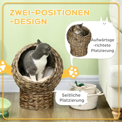 PawHut Rattan Katzenkorb Katzenhöhle Katzenhütte Katzenbett mit Kissen Haustierbett Wasserhyazinthe Kaffee 40 x 37 x 51 cm