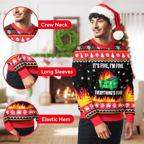 Image of 99TIMORO Its Fine Im Fine Ugly Christmas Sweater for Men and Women, Holiday Pullover Novelty Crewneck Sweatshirt, Festive Outfit Gift