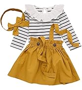 Borlai Toddler Toddler Striped Dress Outfits Long Sleeve Doll Collar Top + Suspender Skirt + Plai...