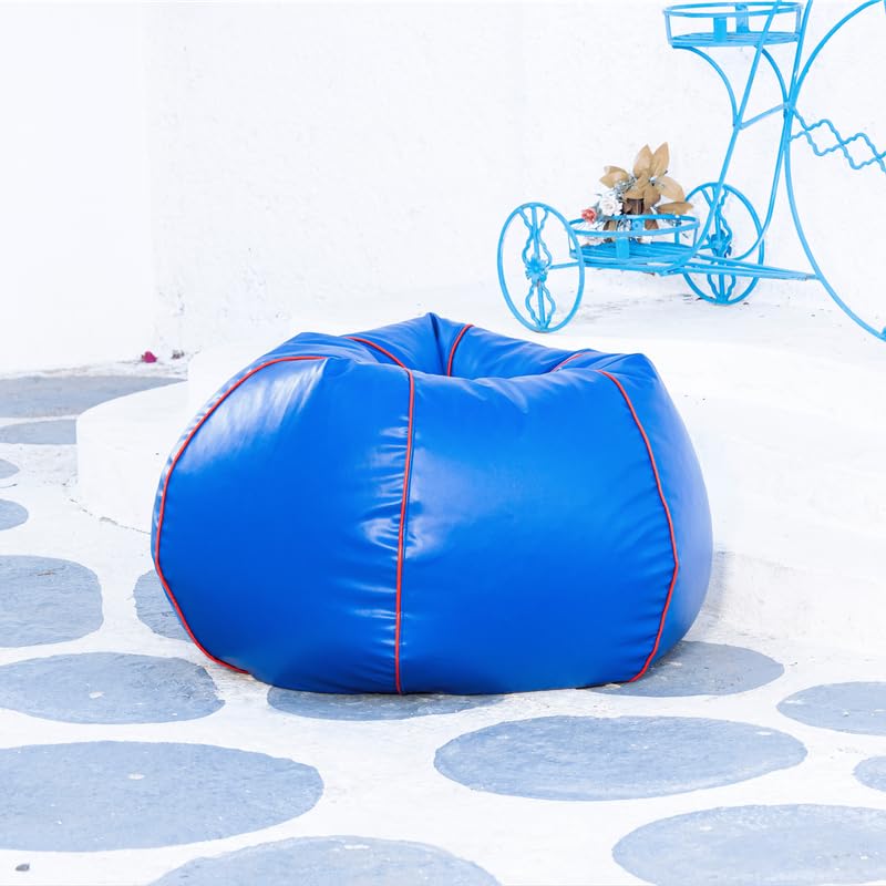 Image of King Comfort 3XL Faux Leather Pipping Bean Bag Cover with Foot Rest Without Beans with 1 Year Warranty | Lounge Chair Cover for Home, Office, Bedroom, Hall (Tear Drop Shape with Pipping) (Blue)